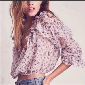 LoveShackFancy Pink Floral Ruffle Crop Top XS Long Sleeve Buttons